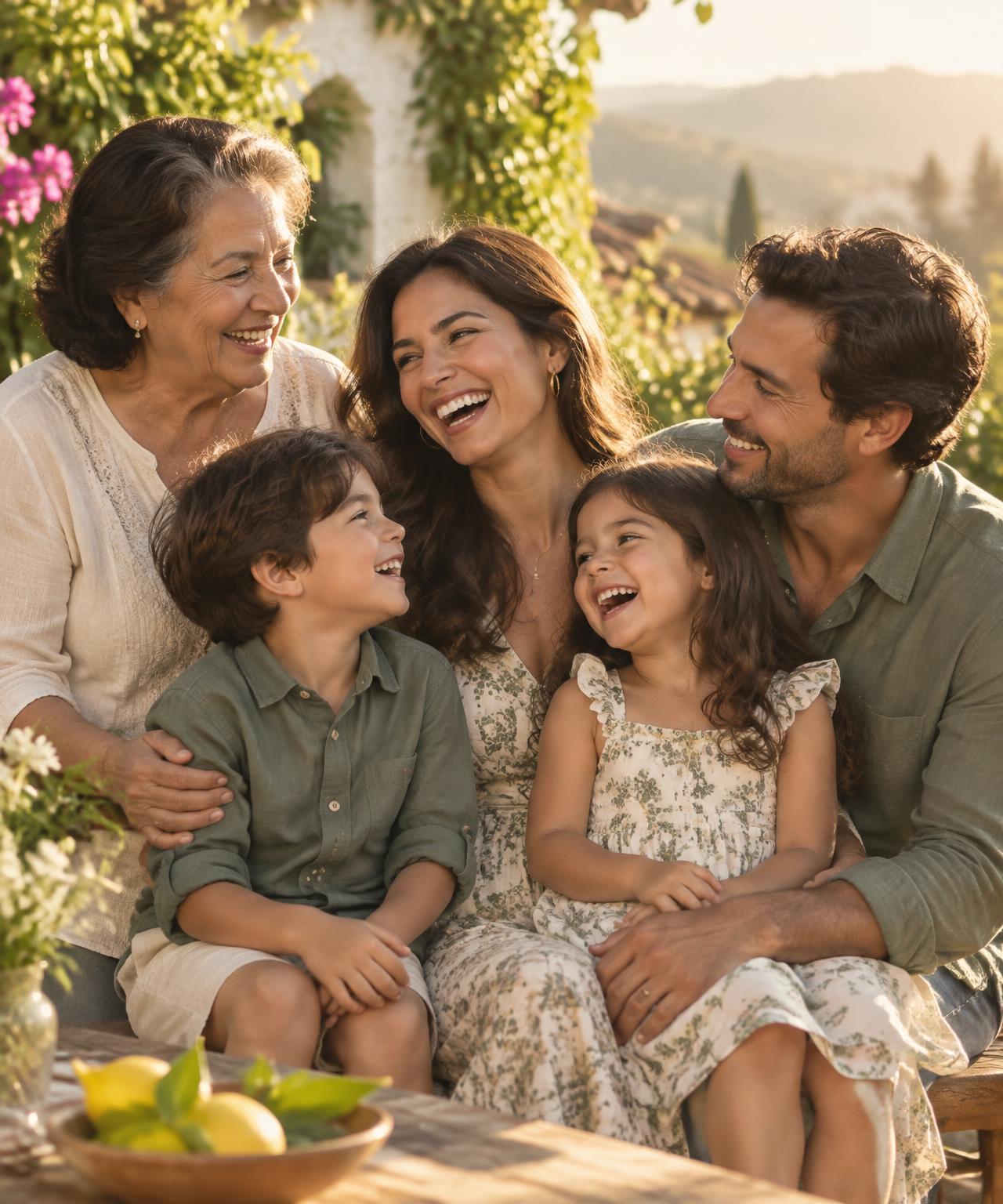 Familia de tres generaciones riendo junta en un jardín al atardecer.